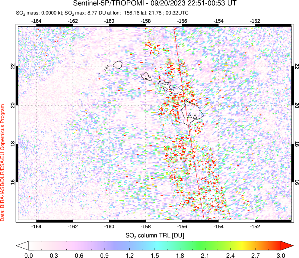 A sulfur dioxide image over Hawaii, USA on Sep 20, 2023.