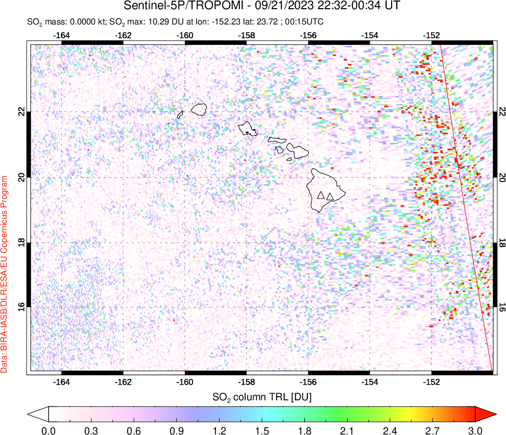 A sulfur dioxide image over Hawaii, USA on Sep 21, 2023.