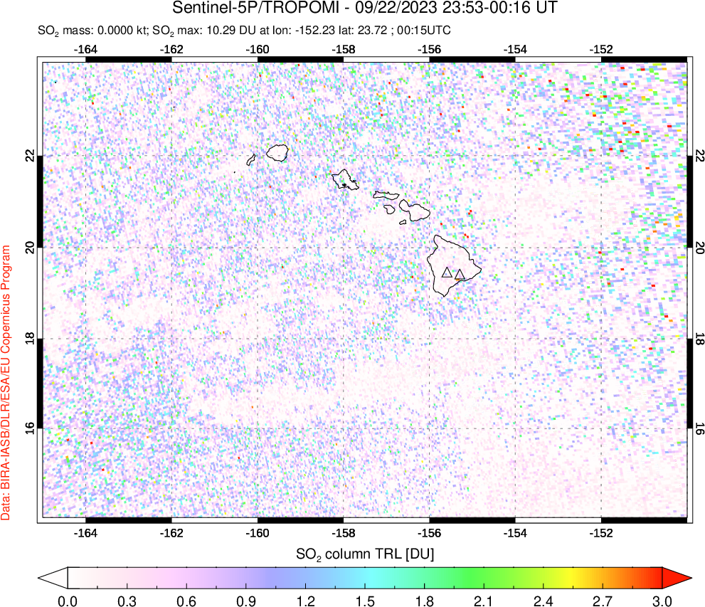 A sulfur dioxide image over Hawaii, USA on Sep 22, 2023.