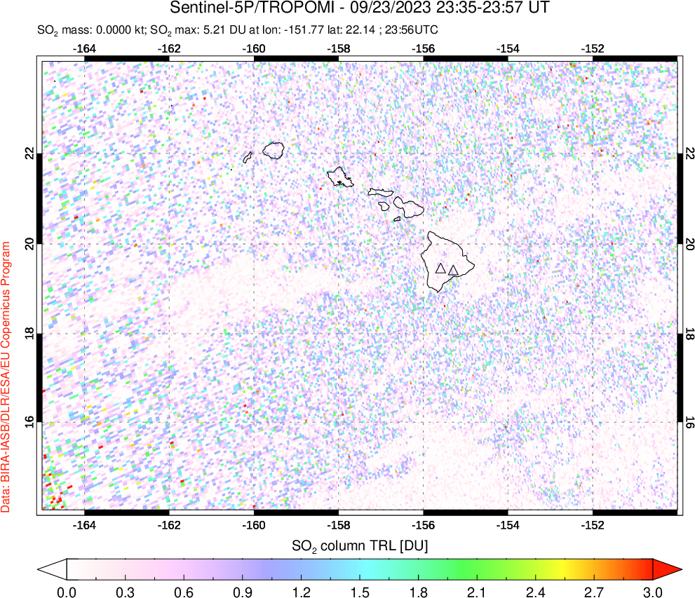 A sulfur dioxide image over Hawaii, USA on Sep 23, 2023.