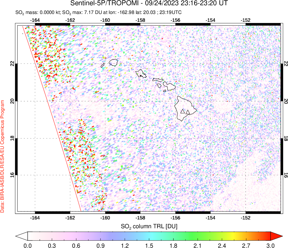 A sulfur dioxide image over Hawaii, USA on Sep 24, 2023.