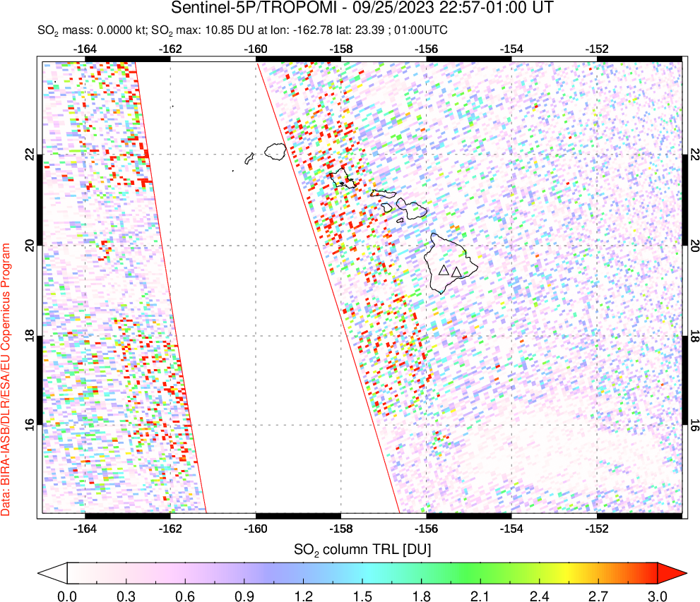 A sulfur dioxide image over Hawaii, USA on Sep 25, 2023.