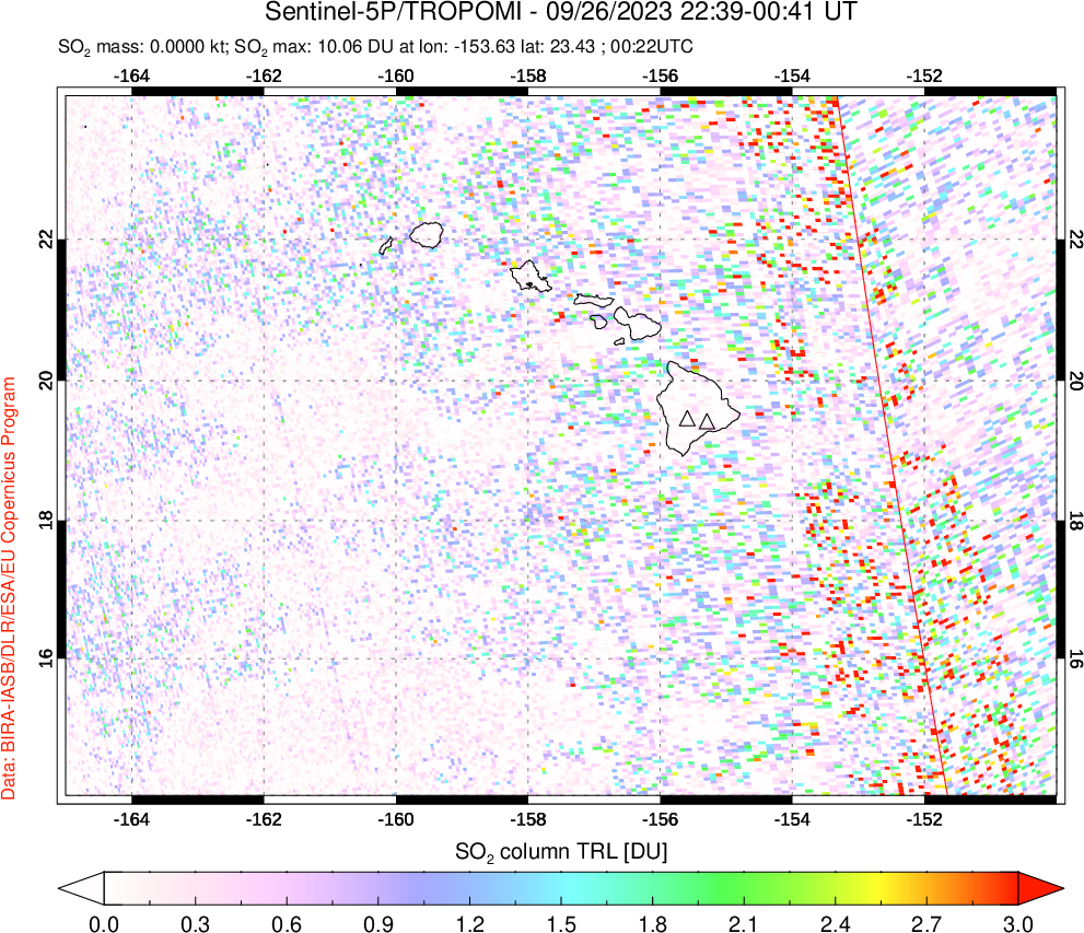 A sulfur dioxide image over Hawaii, USA on Sep 26, 2023.