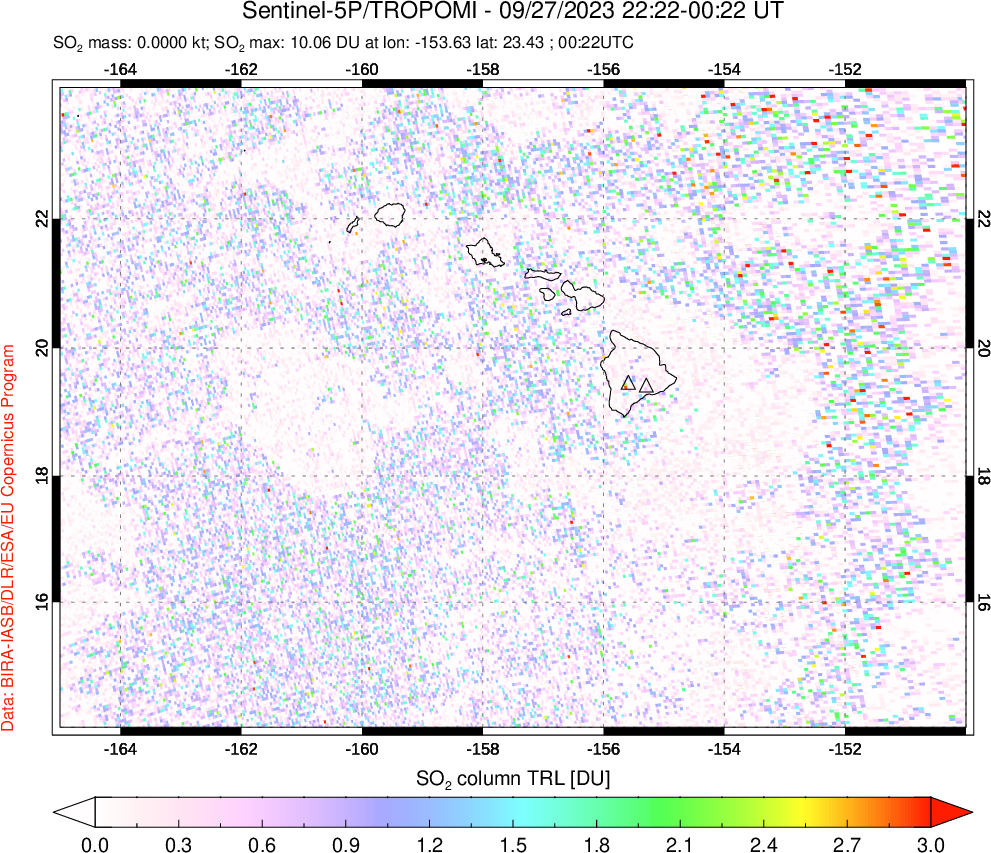 A sulfur dioxide image over Hawaii, USA on Sep 27, 2023.