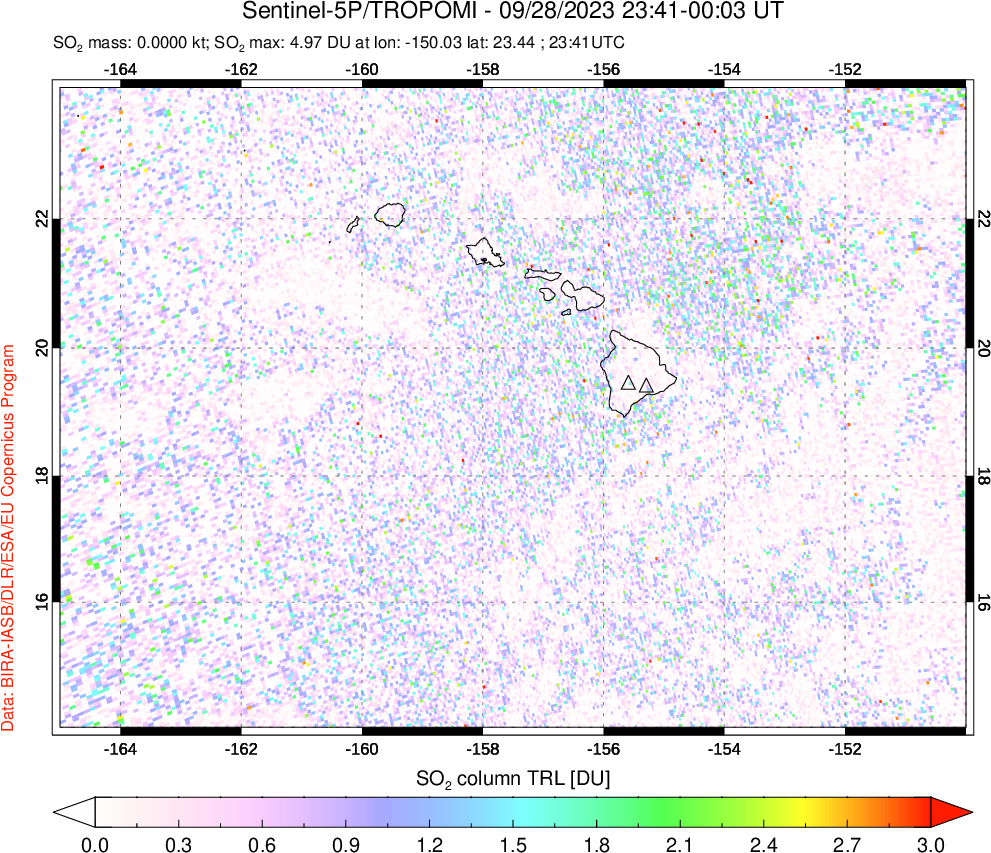 A sulfur dioxide image over Hawaii, USA on Sep 28, 2023.