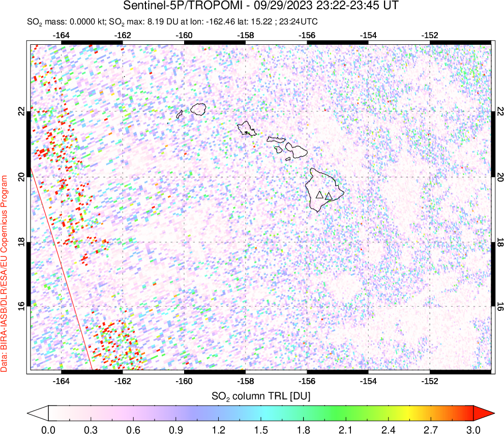 A sulfur dioxide image over Hawaii, USA on Sep 29, 2023.