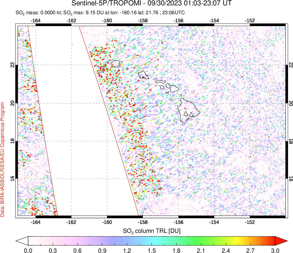 A sulfur dioxide image over Hawaii, USA on Sep 30, 2023.