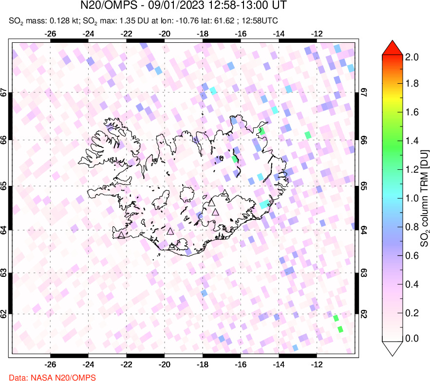 A sulfur dioxide image over Iceland on Sep 01, 2023.