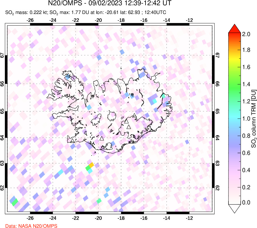 A sulfur dioxide image over Iceland on Sep 02, 2023.