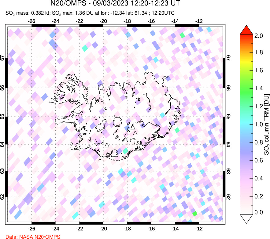 A sulfur dioxide image over Iceland on Sep 03, 2023.