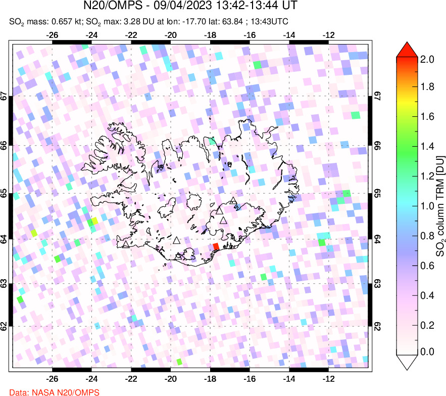 A sulfur dioxide image over Iceland on Sep 04, 2023.