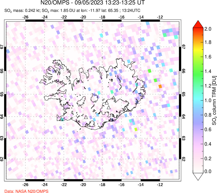 A sulfur dioxide image over Iceland on Sep 05, 2023.