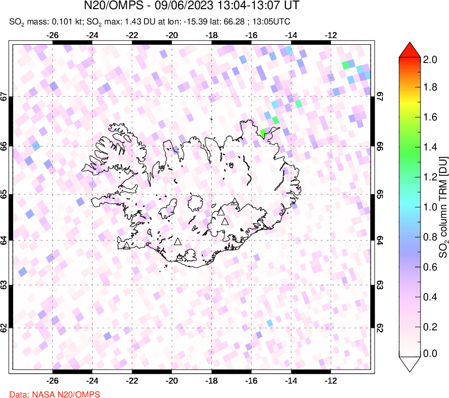 A sulfur dioxide image over Iceland on Sep 06, 2023.