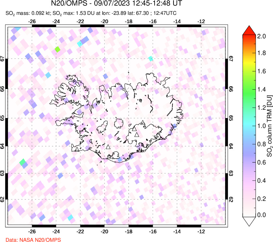 A sulfur dioxide image over Iceland on Sep 07, 2023.