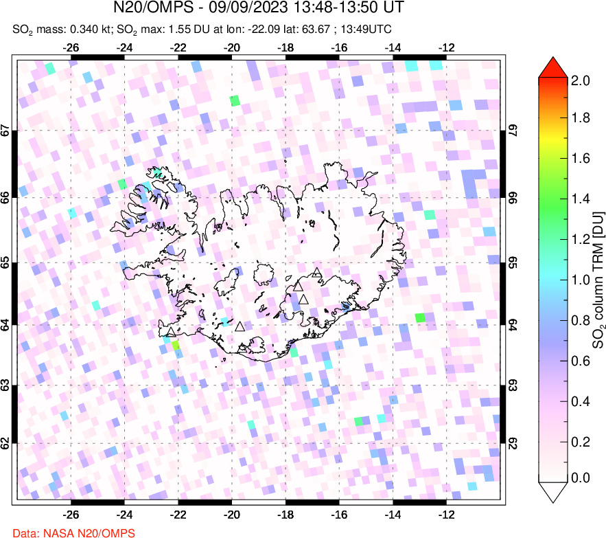 A sulfur dioxide image over Iceland on Sep 09, 2023.