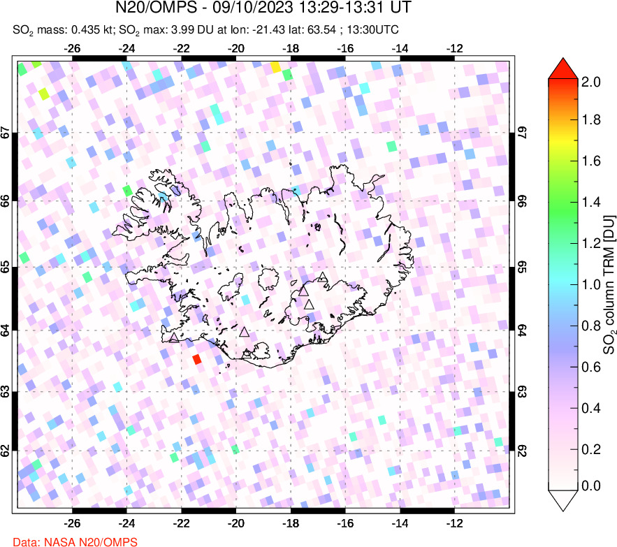 A sulfur dioxide image over Iceland on Sep 10, 2023.