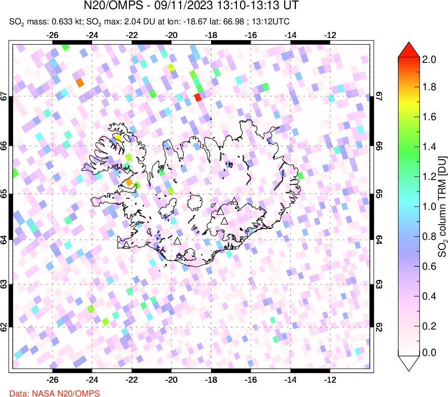 A sulfur dioxide image over Iceland on Sep 11, 2023.