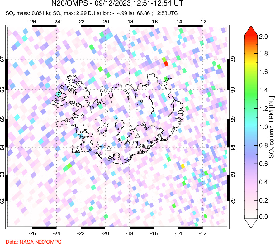 A sulfur dioxide image over Iceland on Sep 12, 2023.