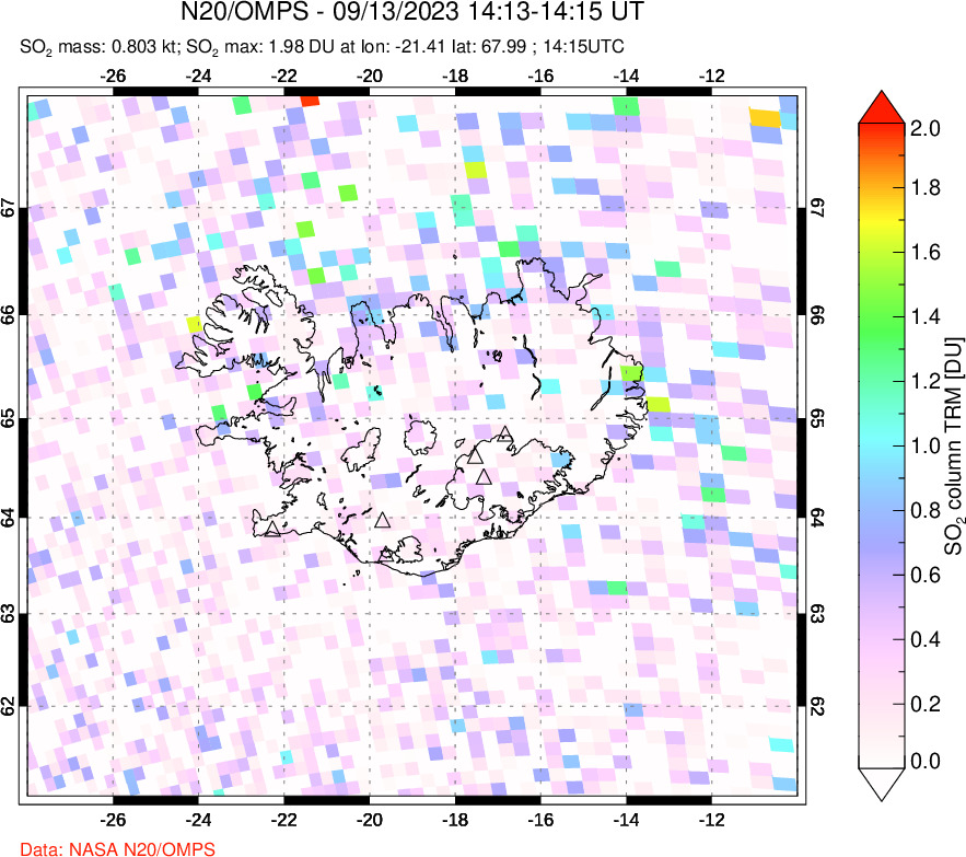 A sulfur dioxide image over Iceland on Sep 13, 2023.