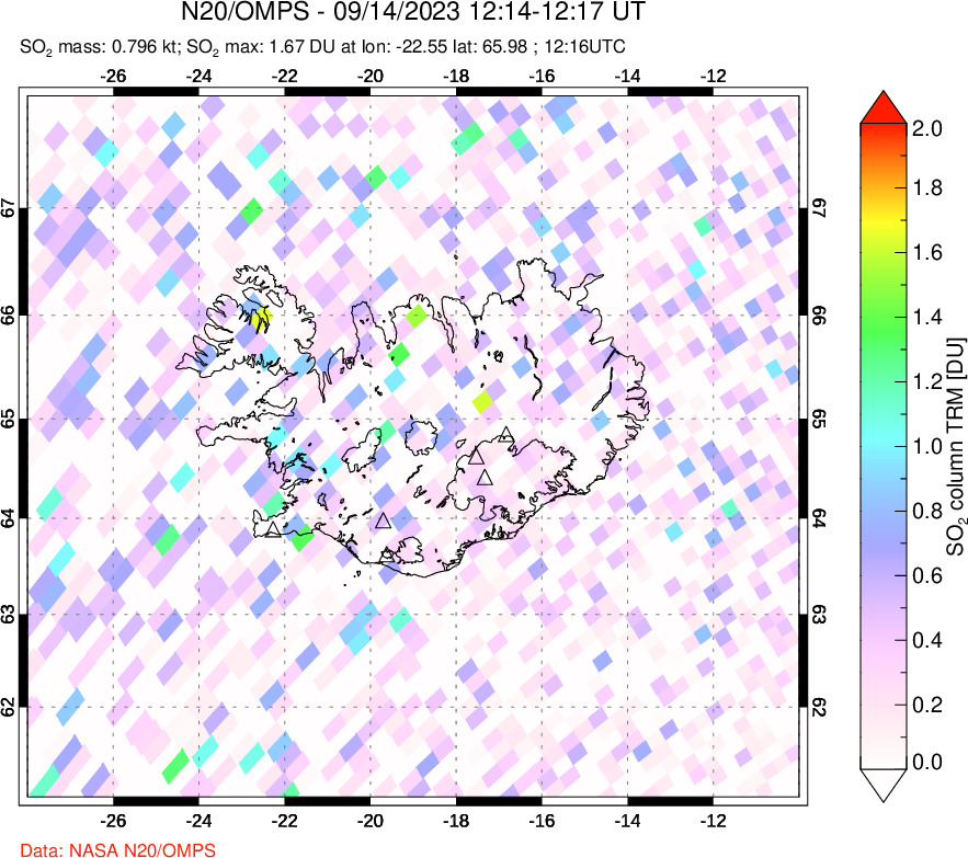 A sulfur dioxide image over Iceland on Sep 14, 2023.