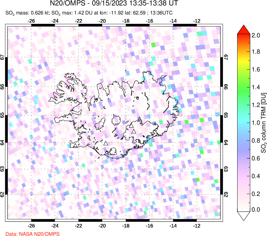 A sulfur dioxide image over Iceland on Sep 15, 2023.