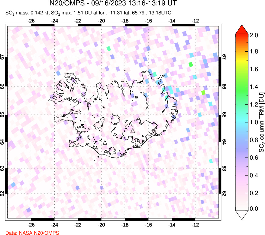 A sulfur dioxide image over Iceland on Sep 16, 2023.