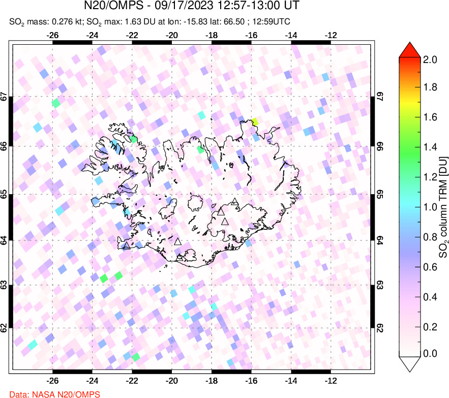 A sulfur dioxide image over Iceland on Sep 17, 2023.