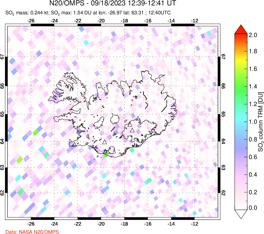 A sulfur dioxide image over Iceland on Sep 18, 2023.