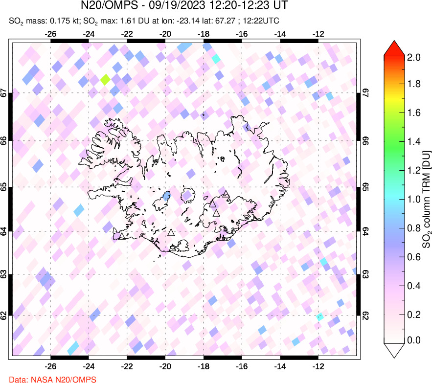 A sulfur dioxide image over Iceland on Sep 19, 2023.