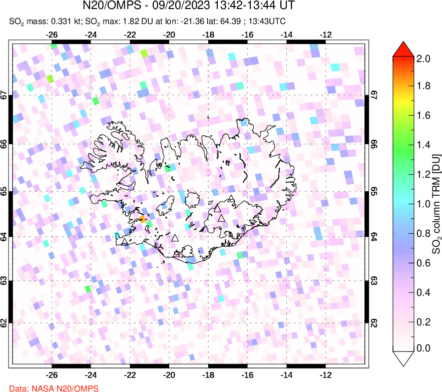 A sulfur dioxide image over Iceland on Sep 20, 2023.