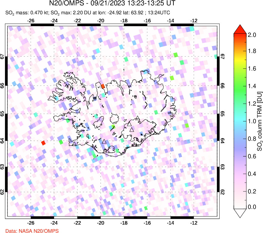 A sulfur dioxide image over Iceland on Sep 21, 2023.