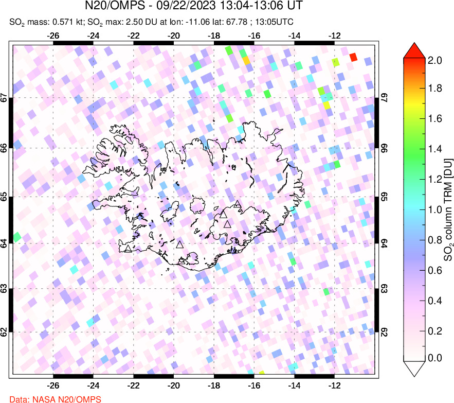 A sulfur dioxide image over Iceland on Sep 22, 2023.