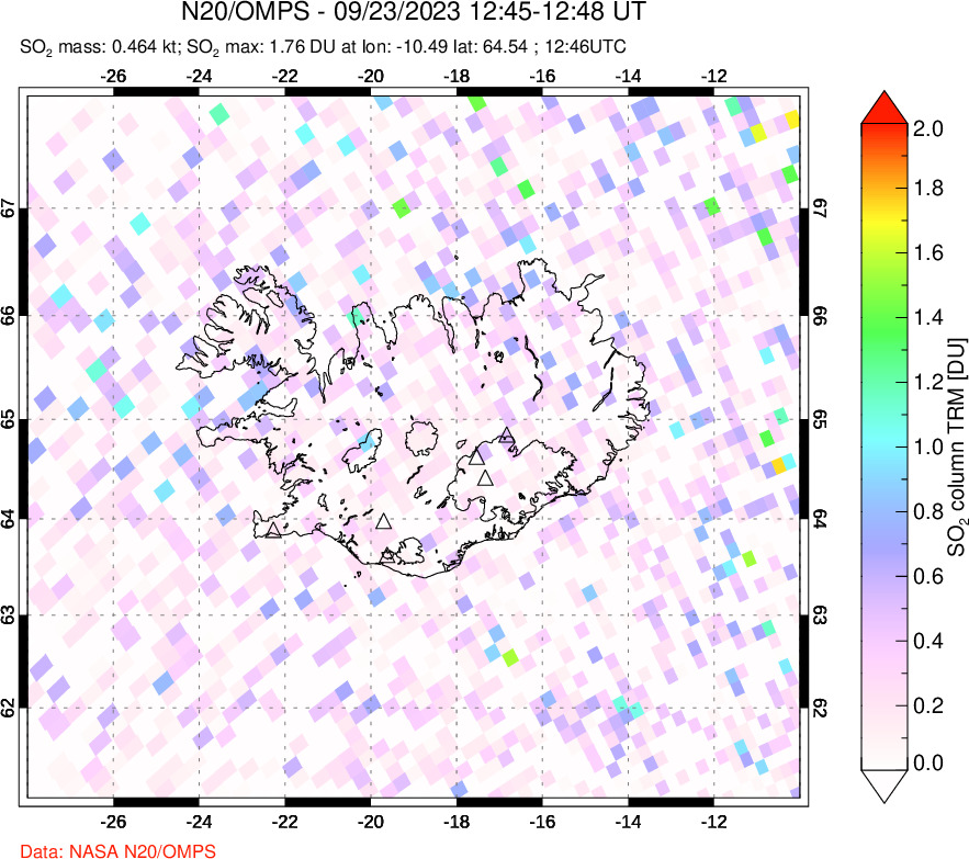 A sulfur dioxide image over Iceland on Sep 23, 2023.