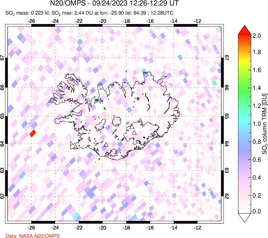 A sulfur dioxide image over Iceland on Sep 24, 2023.