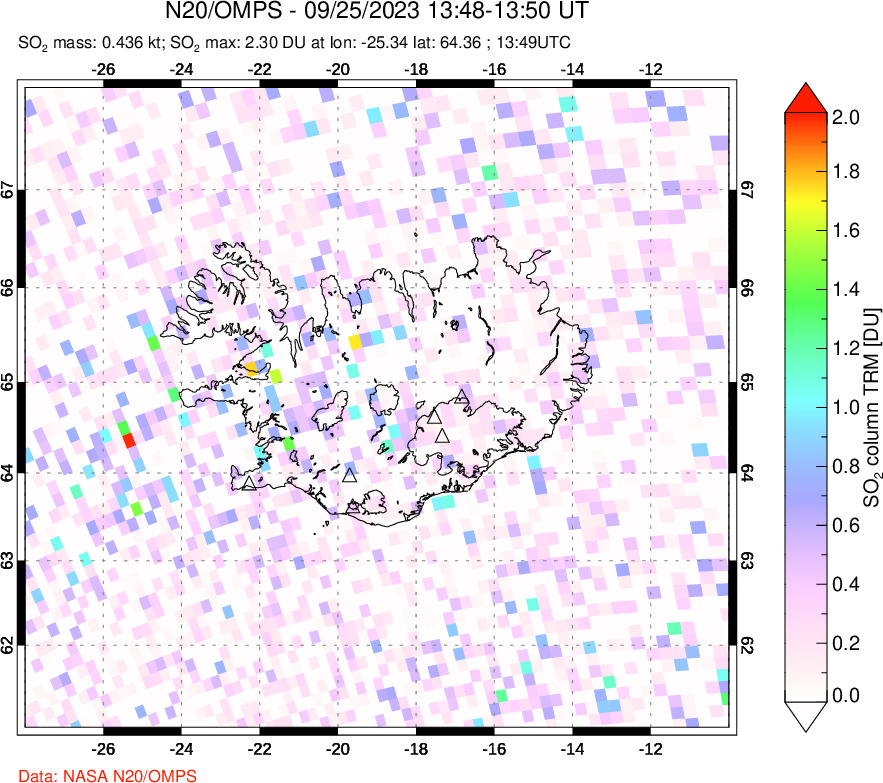 A sulfur dioxide image over Iceland on Sep 25, 2023.