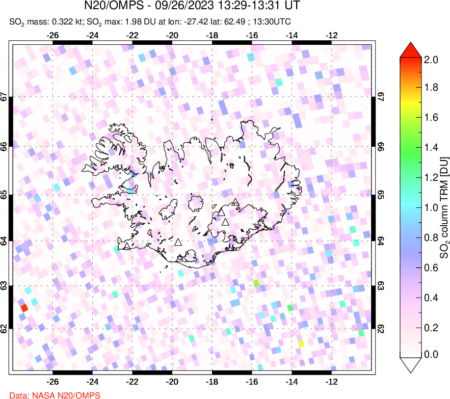 A sulfur dioxide image over Iceland on Sep 26, 2023.