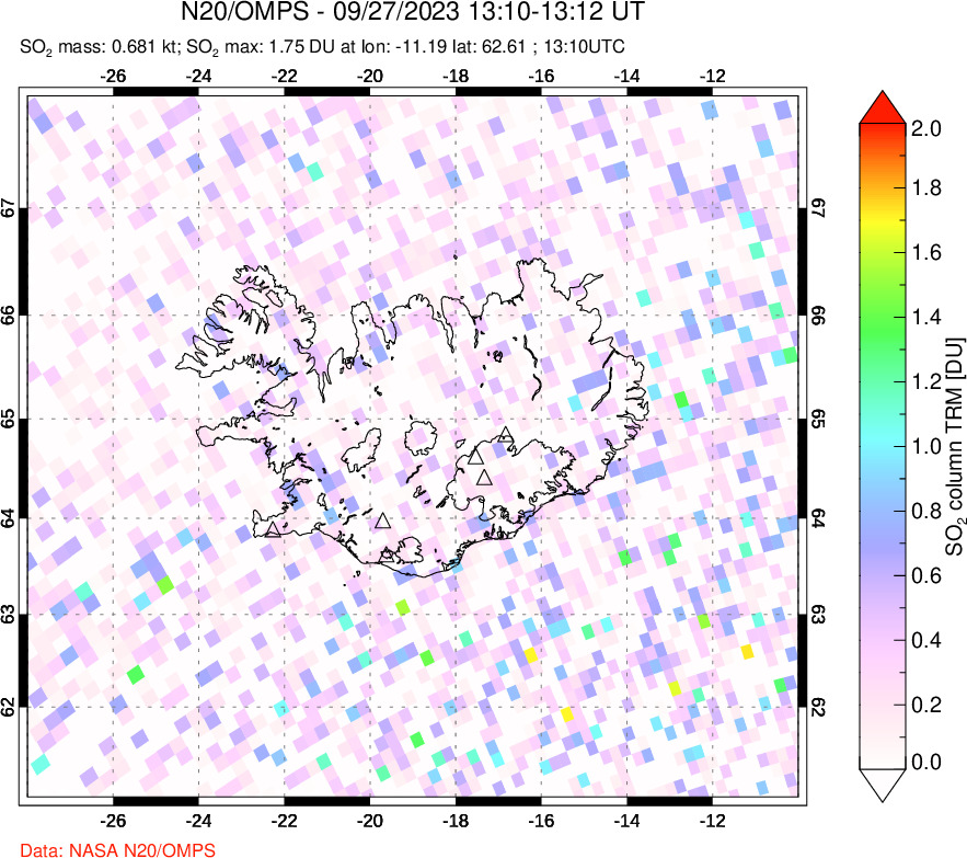 A sulfur dioxide image over Iceland on Sep 27, 2023.