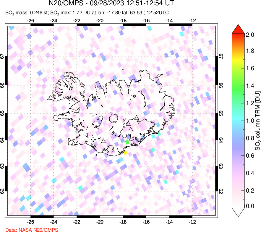 A sulfur dioxide image over Iceland on Sep 28, 2023.