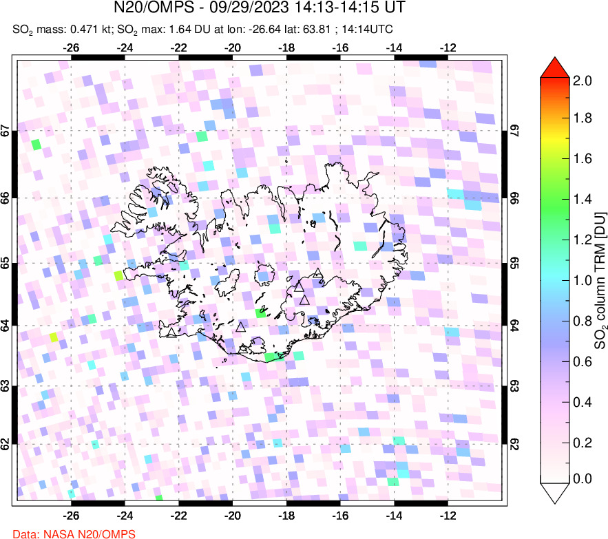 A sulfur dioxide image over Iceland on Sep 29, 2023.