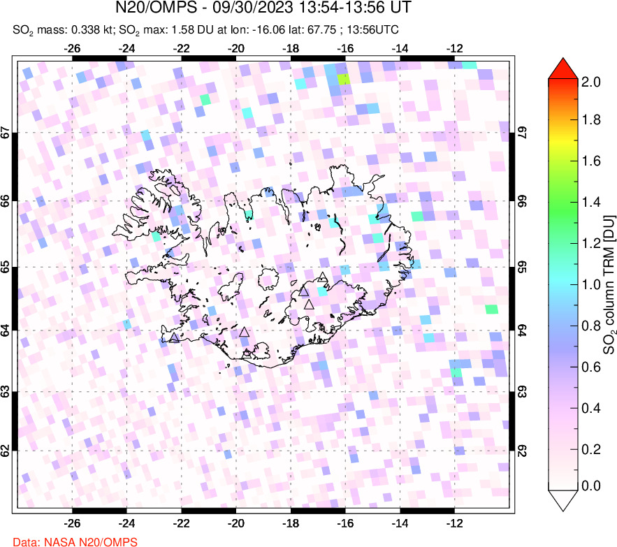 A sulfur dioxide image over Iceland on Sep 30, 2023.