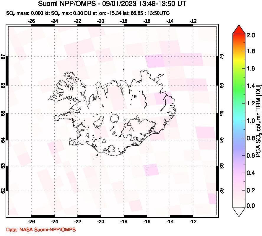 A sulfur dioxide image over Iceland on Sep 01, 2023.