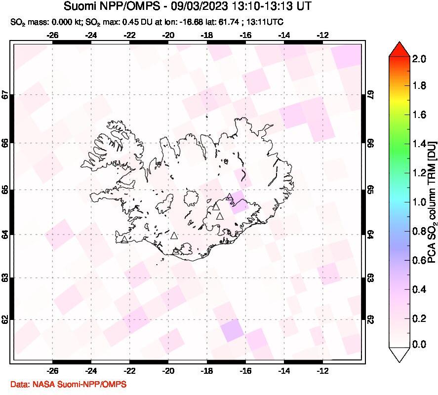 A sulfur dioxide image over Iceland on Sep 03, 2023.