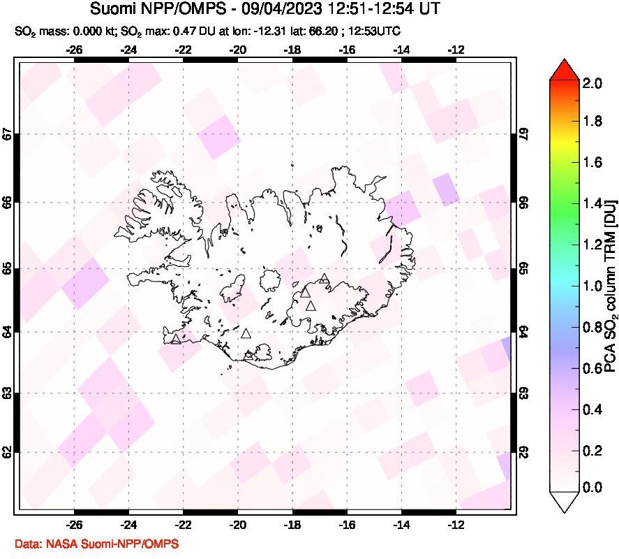 A sulfur dioxide image over Iceland on Sep 04, 2023.