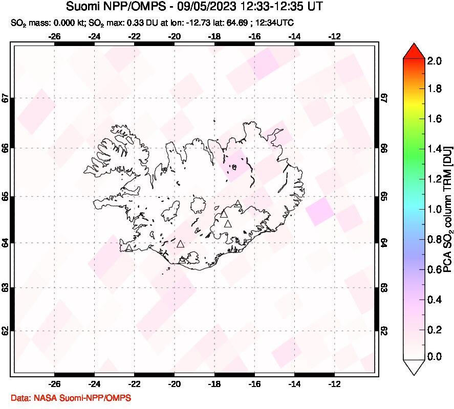 A sulfur dioxide image over Iceland on Sep 05, 2023.