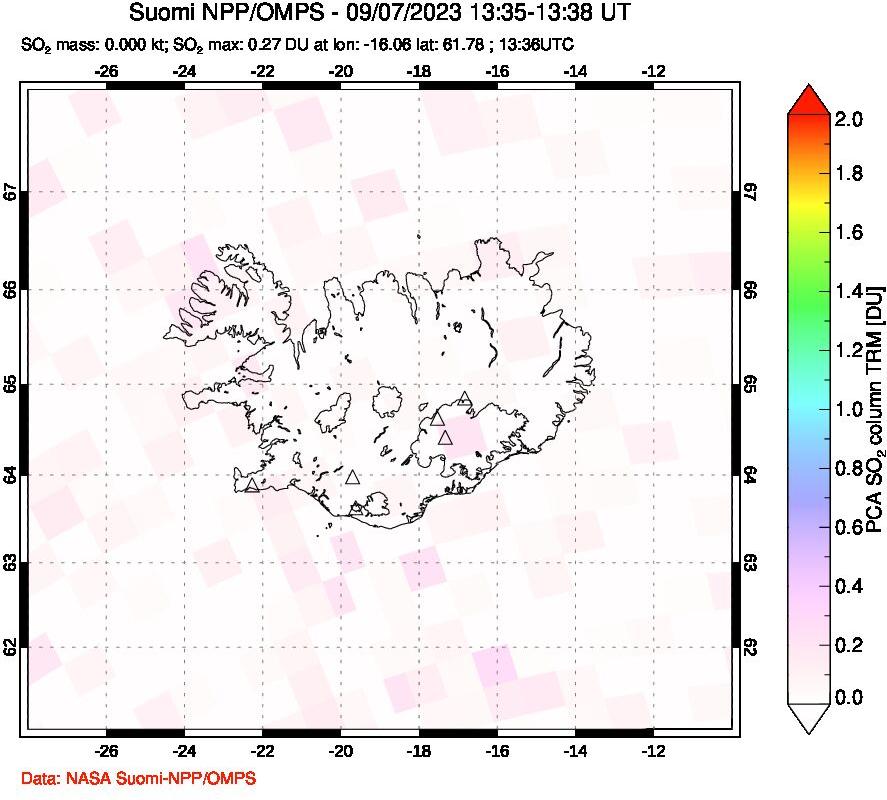 A sulfur dioxide image over Iceland on Sep 07, 2023.