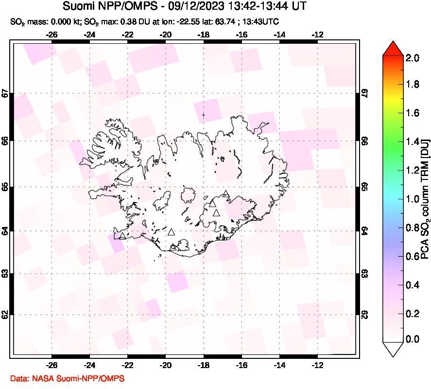 A sulfur dioxide image over Iceland on Sep 12, 2023.