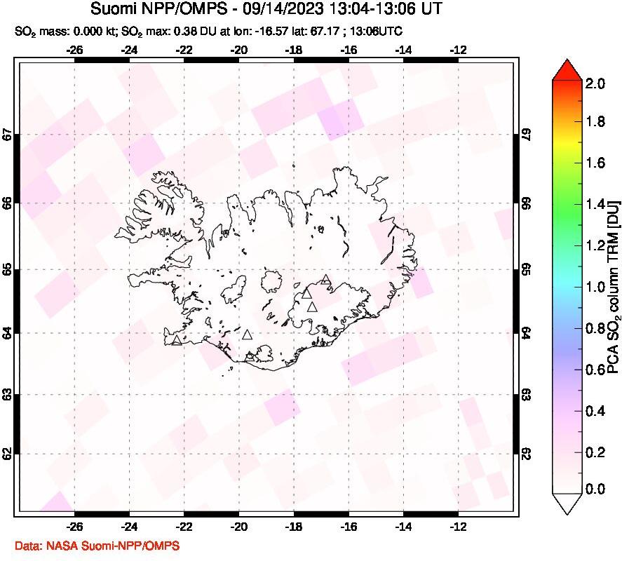 A sulfur dioxide image over Iceland on Sep 14, 2023.