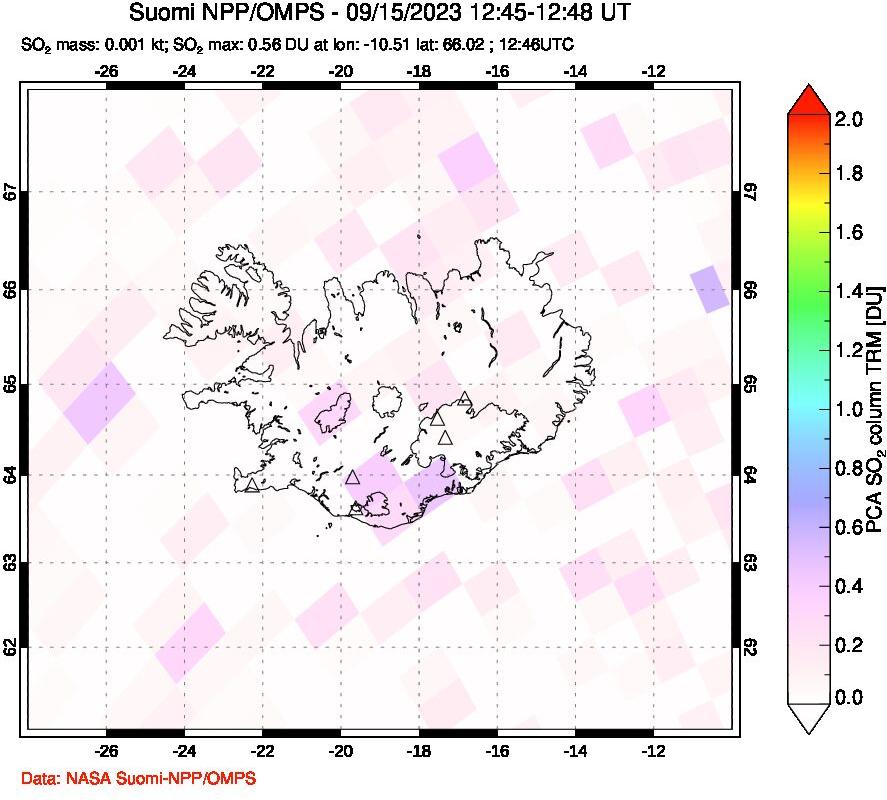 A sulfur dioxide image over Iceland on Sep 15, 2023.