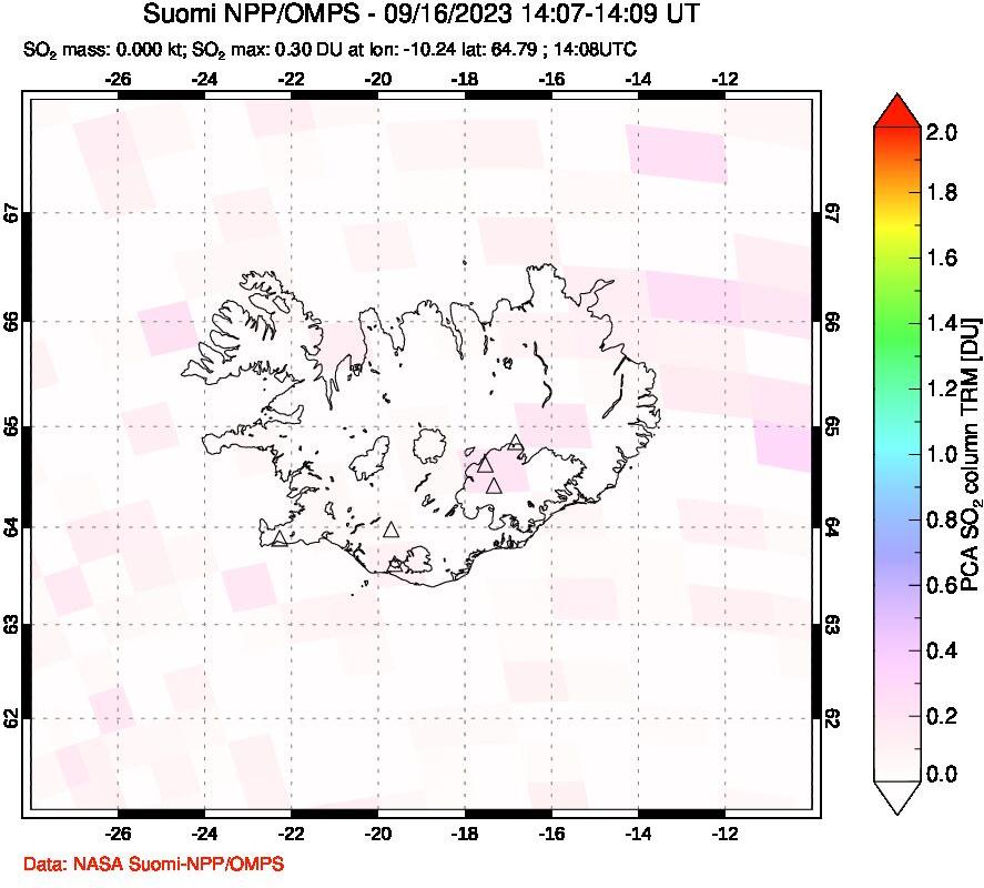 A sulfur dioxide image over Iceland on Sep 16, 2023.