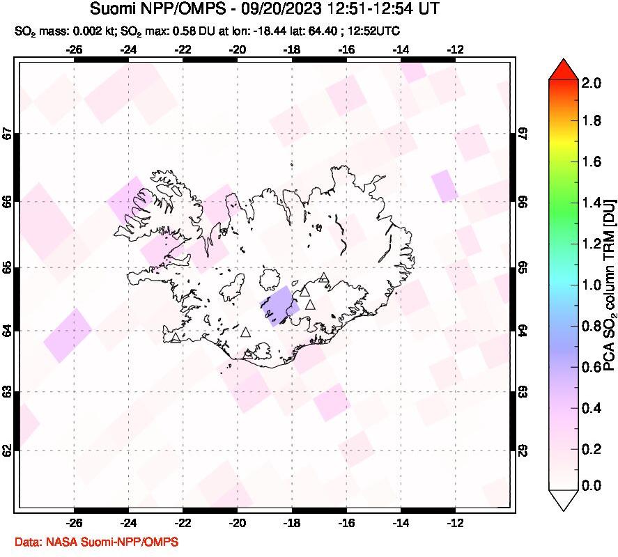 A sulfur dioxide image over Iceland on Sep 20, 2023.